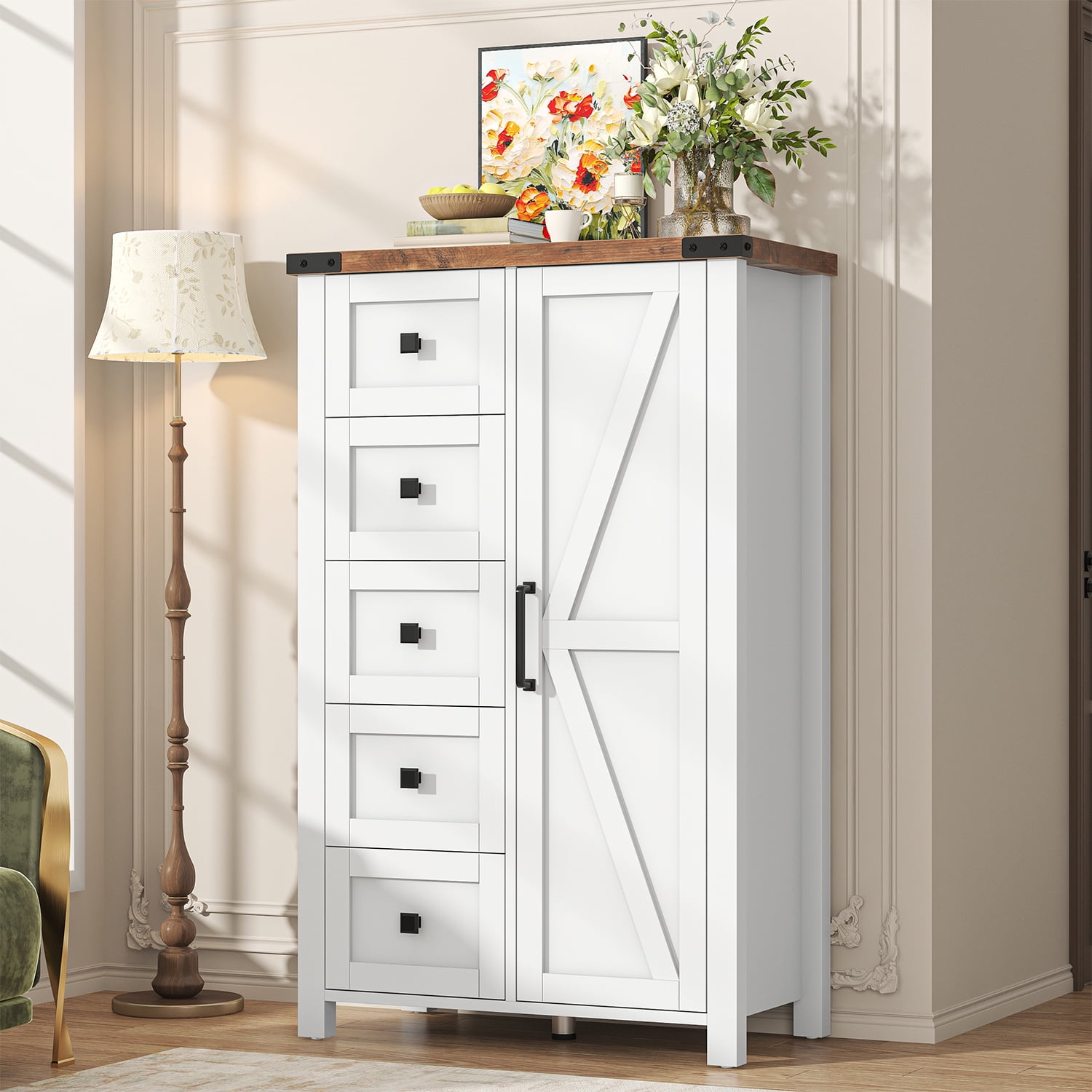 VVFLU Farmhouse 5 Drawer Dresser Storage Cabinet Chest of Drawer for Bedroom, 48" Tall White Wood