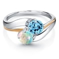 thumbnail image 2 of Gem Stone King 925 Sterling Silver and 10K Yellow Gold White Simulated Opal Swiss Blue Topaz 2 Stone and Lab Grown Diamond Accent Ring for Women (1.18 Cttw, Gemstone October Birthstone, Size 9), 2 of 4