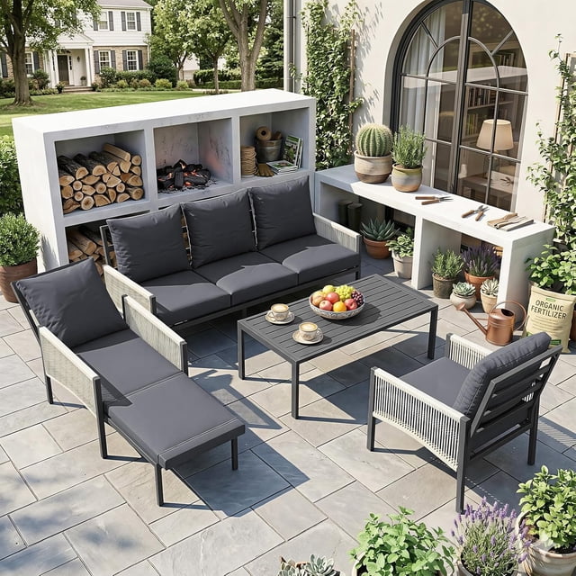 AECOJOY Ensemble de Mobilier de Patio Sectionnel d'Extérieur en Aluminium à 5 Places, avec Sofa Simple Rétractable et Table Basse Centrale, pour Véranda, Terrasse (Gris Foncé)
