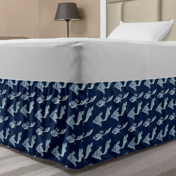 Fish Bed Skirt, Ornamental of the Underwater Fantasy World, Elastic Bedskirt Dust Ruffle Wrap Around for Bedding Decor, 4 Sizes, Night Blue Pale Seafoam, by Ambesonne