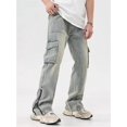 thumbnail image 1 of Pantalones vaqueros amarillos para hombre, monos de Color sólido Y2K con botones, cremallera multibolsillos para hacer pantalones viejos, sueltos, A148, 1 of 6