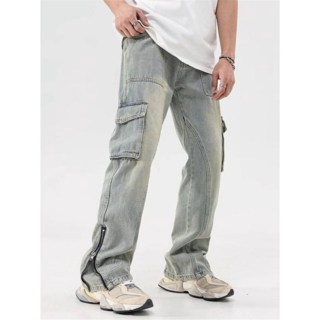 Pantalones vaqueros amarillos para hombre, monos de Color sólido Y2K con botones, cremallera multibolsillos para hacer pantalones viejos, sueltos, A148