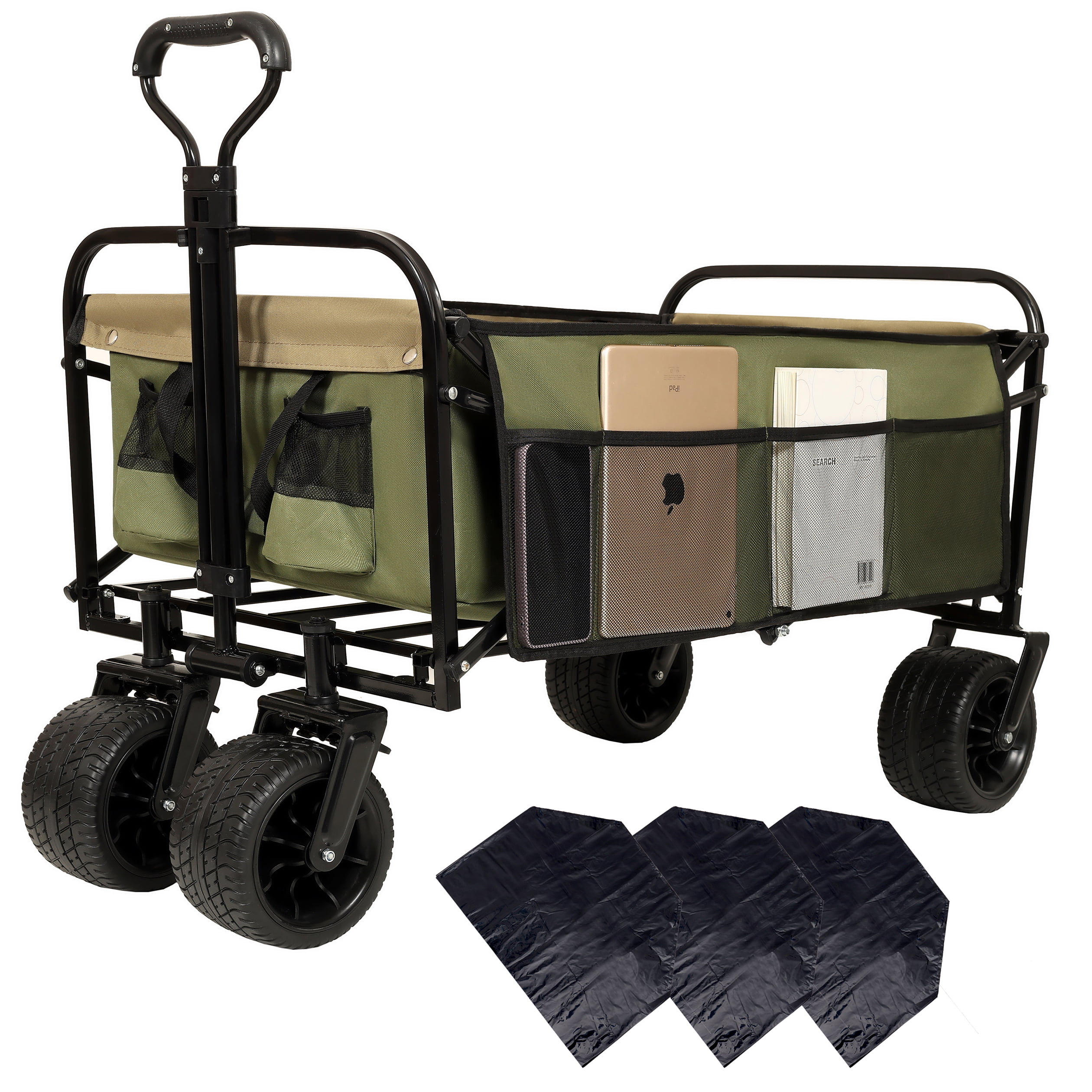 Yoneston 440LBS Collapsible Wagon Cart, Portable Heavy Duty Utility Wagon with 3pcs Plastic Liner Cover Bag for Camping, Picinc, Shopping, Beach, Grocery Transport, Green