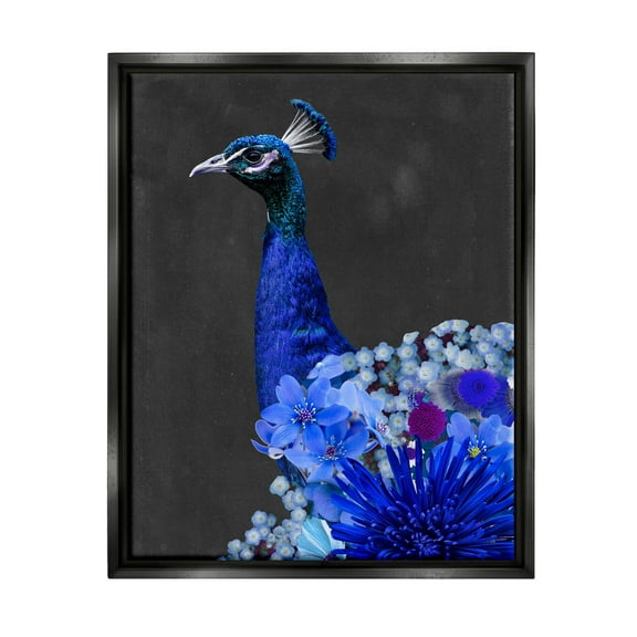 Stupell Industries Vibrant Blue Floral Peacock Animals & Insects Painting Black Floater Framed Canvas Art Print Wall Art, 17 x 21
