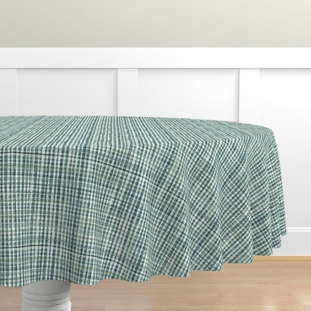 

Cotton Sateen Tablecloth 70 Round - Plaid Teal Gray Gingham Christmas Holiday Stripes Print Custom Table Linens by Spoonflower