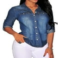 thumbnail image 2 of PENGXIANG Chemise Rétro Femme Décontractée en Jean Bleu Doux à Manches Longues, 2 of 6