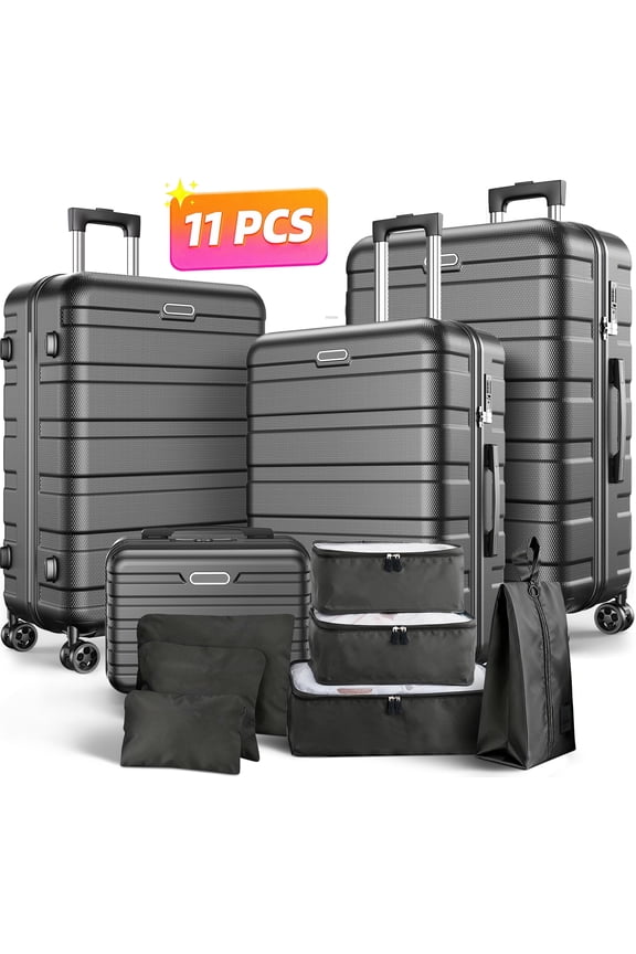 Luggage Sets 11 Piece, Expandable ABS Durable Suitcases Sets, Lock Travel Checked Luggage Sets Black