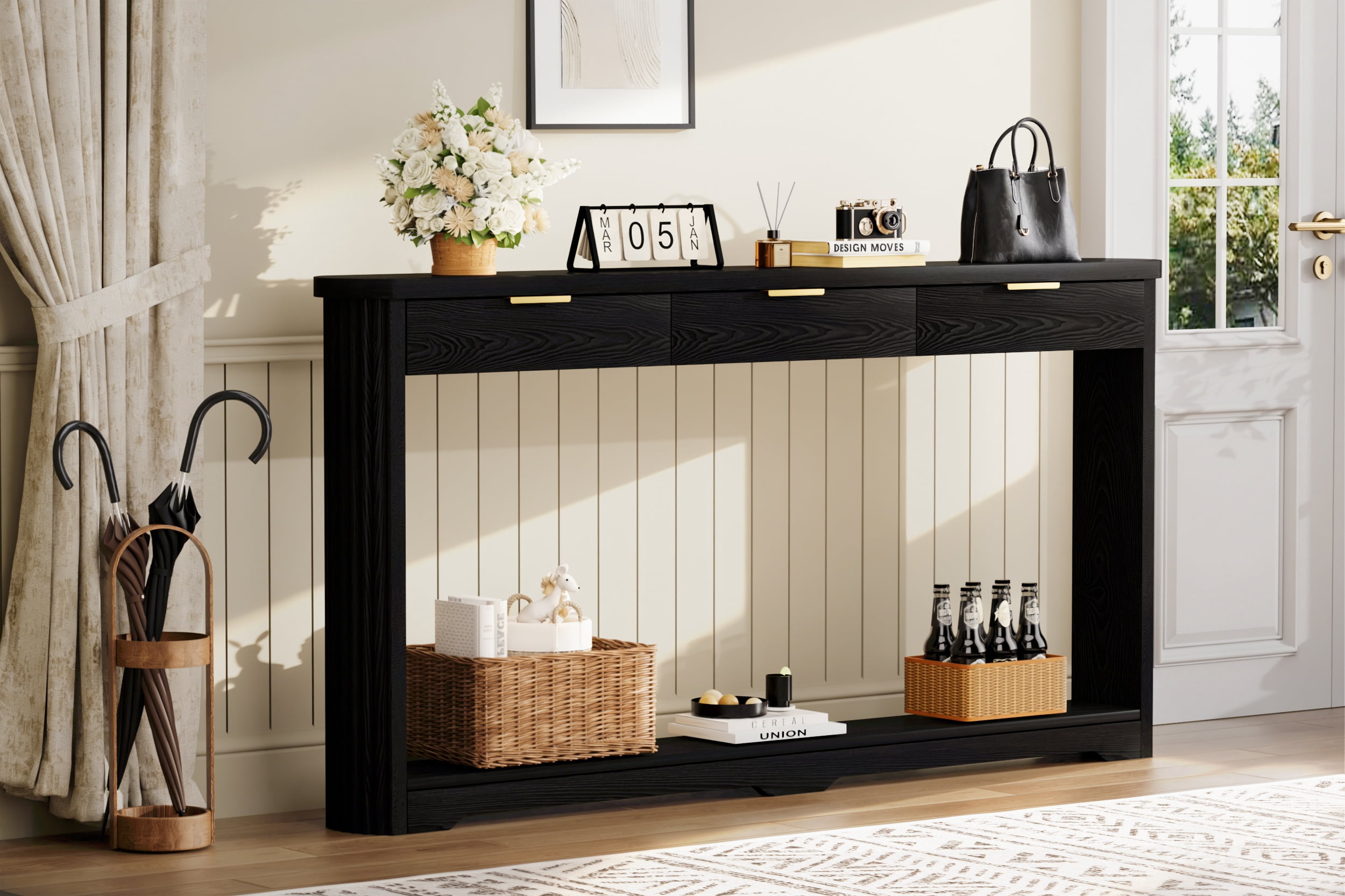 Leumius 70.1" Console Table with Drawers,Slim Wooden Side Table Storage Table for Entryways,Hallways,Doorways,Black