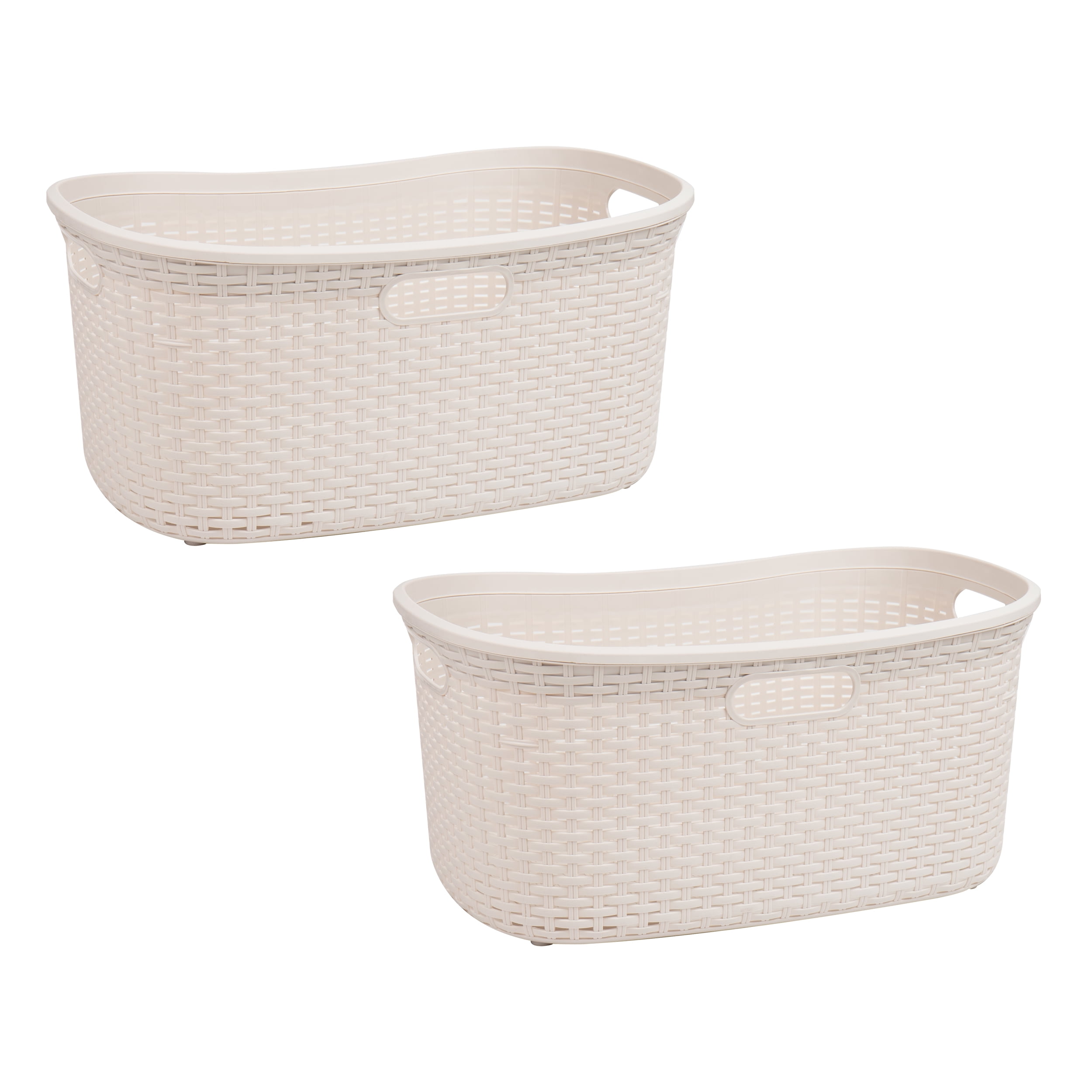 Mind Reader 40L Laundry Basket, Clothes Hamper, Lid, Wicker Design, Plastic, 23"L x 14.5"W x 11"H, Set of 2, Ivory