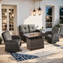Gymojoy 5-Piece Brown Wicker Patio Furniture Set with Fire Pit Table, All Weather Patio Conversation Set Outdoor Loveseat with Swivel Chair & Side Table, Gray