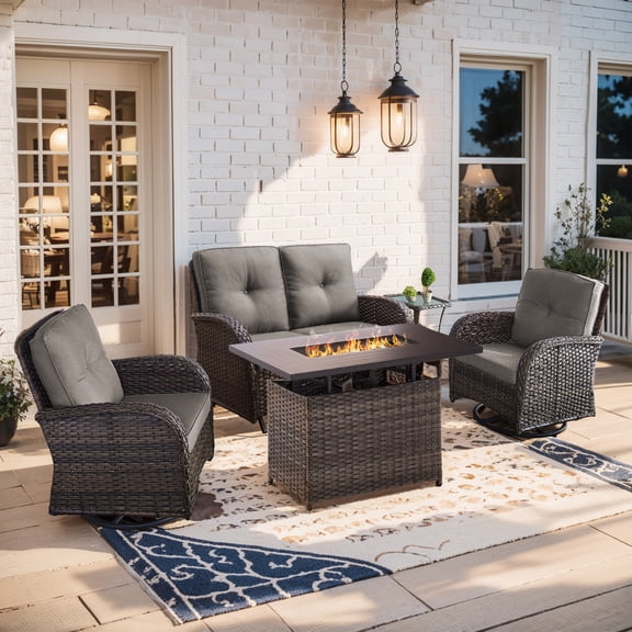 Gymojoy 5-Piece Brown Wicker Patio Furniture Set with Fire Pit Table, All Weather Patio Conversation Set Outdoor Loveseat with Swivel Chair & Side Table, Gray
