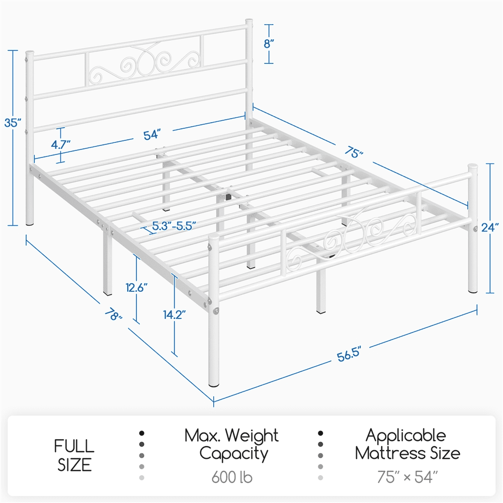 Fullfurnique Metal Platform Bed Frame with Scroll Headboard and Footboard, Full, White