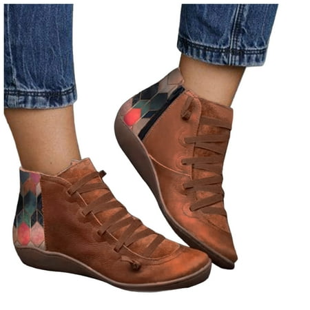 

Gubotare Womens Ankle Boots Womens Perforated Cut Out Stacked Block Heel Ankle Booties Brown 7