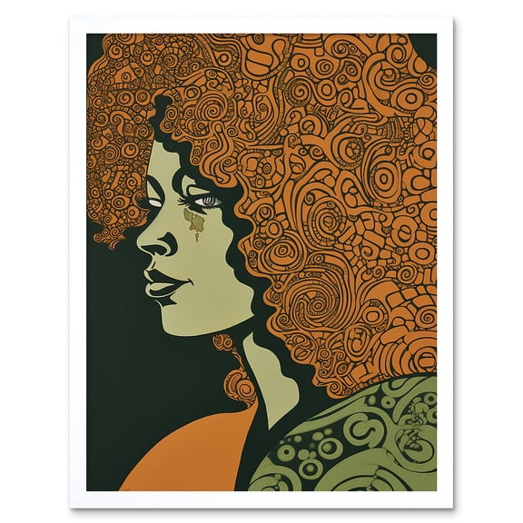 Woman Portrait Illustration with Pattern Afro Hair Art Print Framed Poster Wall Decor 12x16 inch