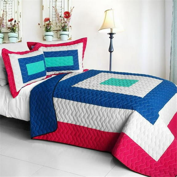 Universes Passion - Vermicelli-Quilted Patchwork Geometric Quilt Set  Full & Queen Size - Blue
