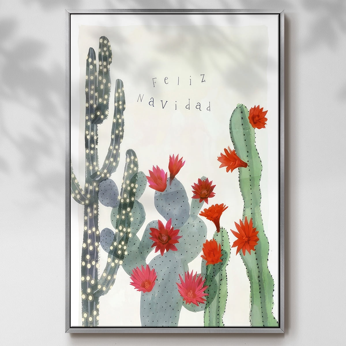 Desert Christmas Cactus II - Framed Gallery Wrapped Holiday Canvas - 27 x 41 - Silver Frame
