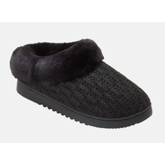 Dearfoams Women’s Memory Foam Knit Slippers – Cozy Faux Fur Lined (Indoor/Outdoor) Black, Size: L (9-10)