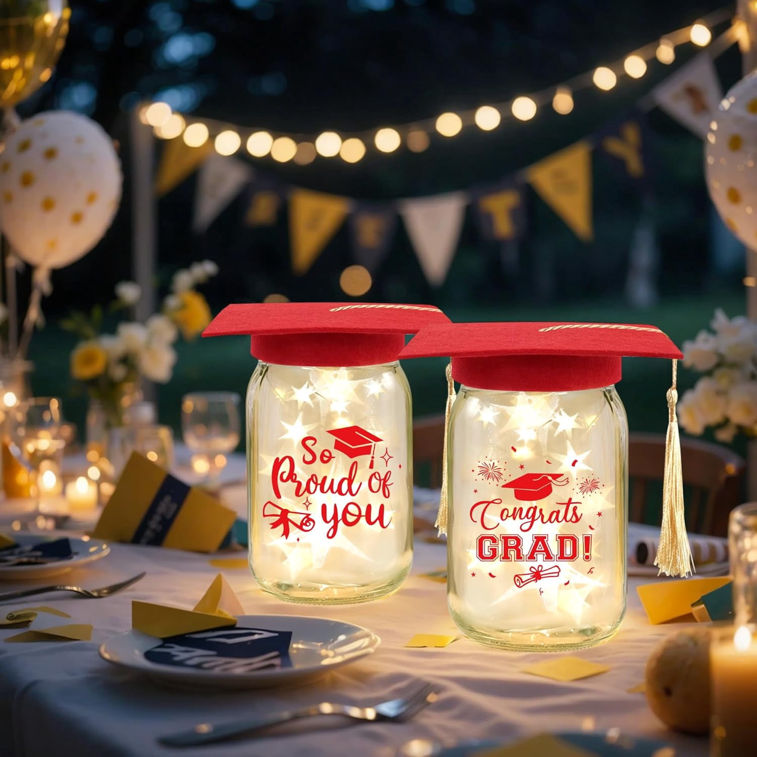 6 Sets 2026 Graduation Centerpieces for Tables, Glowing Mason Jar Centerpieces with Graduation Caps, Glowing Money Jars for College High School Congrats Grad Party Decor Supplies