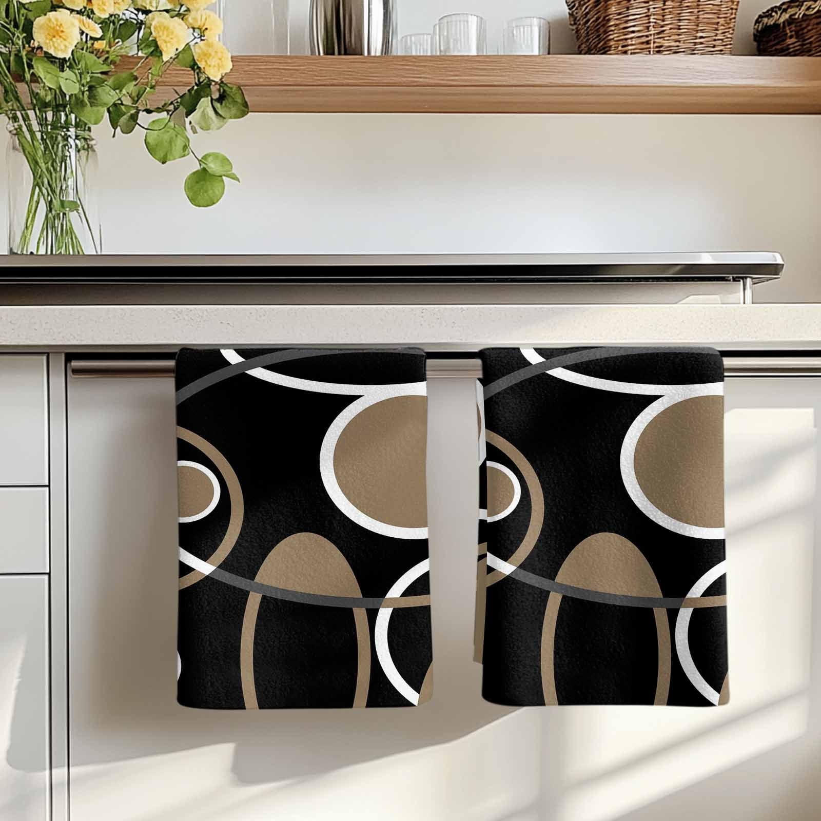 Dish Towels, Black Brown Circle Absorbent Kitchen Towels 2 PCS, Geometri Stripe Lines Abstract Art Microfiber Hand Towels Dish Cloths Tea Towels for Home&nbsp;Bathroom Cleaning Drying,18X28-Inch,