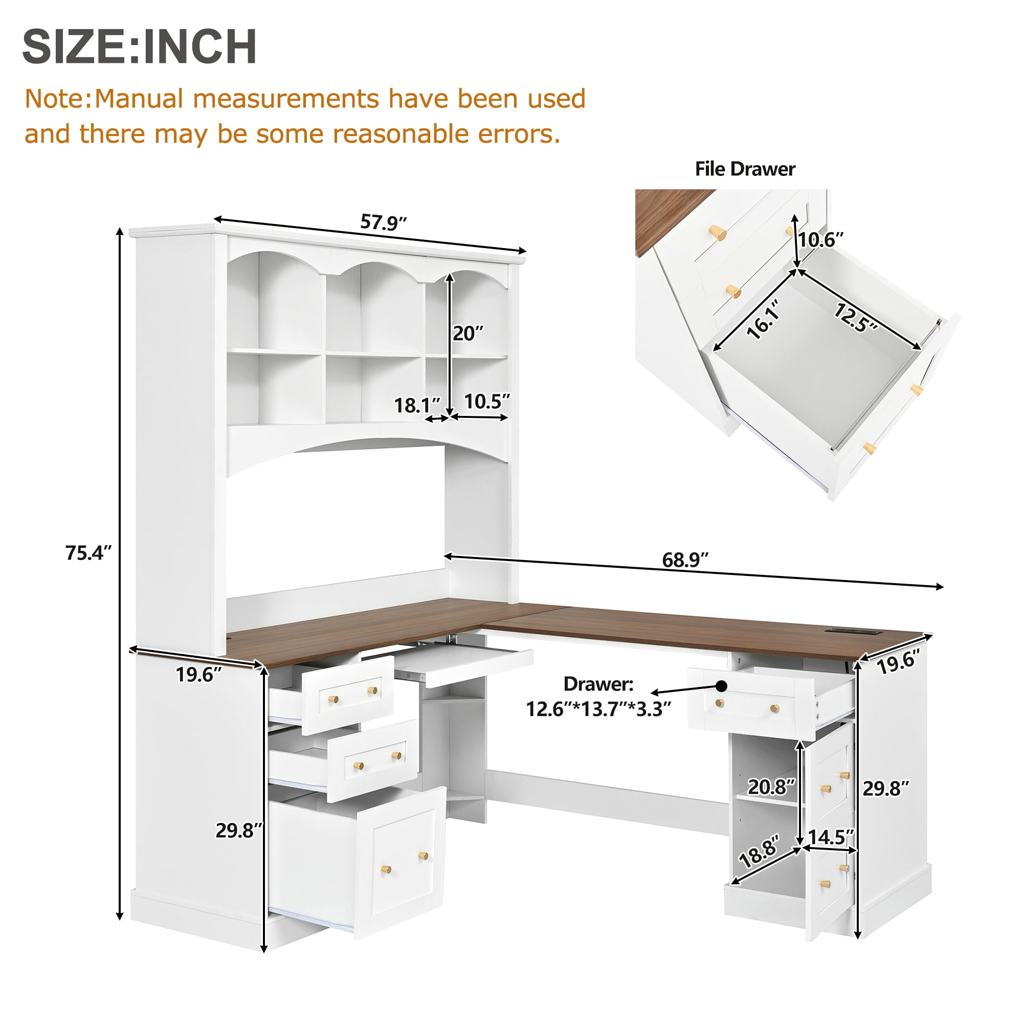 L Shaped Corner Computer Desk,Rustic Home Office Desk with Keyboard Tray & Charging Stations, All-in-One Home Office Desk with Arched Hutch for Bedroom,White