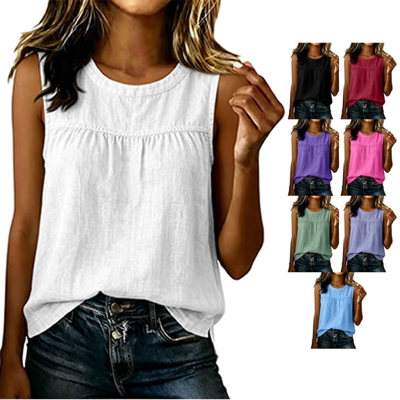TGSLY Women's Lightweight Soft Cotton Linen Tank Tops Crew Neck Gathered Detail Sleeveless Tshirts Loose Fit Side Slit Design Solid Color Blouses Navy M