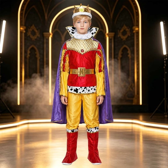 JCCXIN Toddler Kids Boys King Halloween Outfits Dress-Up Party Clothes Tops Pants Belt Cloak With Head wear 5 PC Set Trick Or Treat School Carnival Funny Outfit Sets,Yellow,9-10 Years