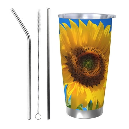 

KLL Blue Sky Sunflower Print 40oz Stainless Steel Insulated Car Cup with Spillproof Lid - Keep Your Drink Hot or Cold on the Go-Straw Three-piece Set