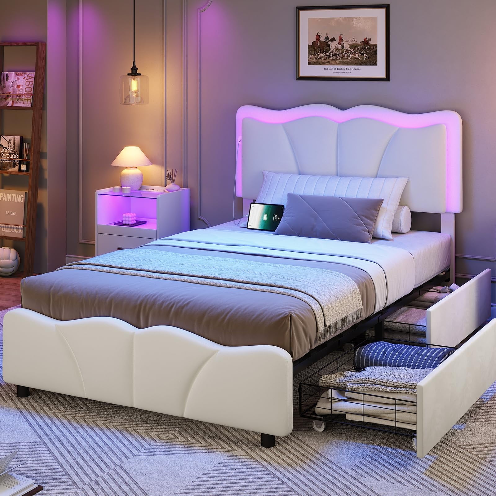 Twin Bed Frame with 4 Drawers, Upholstered LED Bed Frame with Adjustable Flowers Headboard, Platform Bed Frame Twin Size with Wooden Slats Support for Bed Room Set