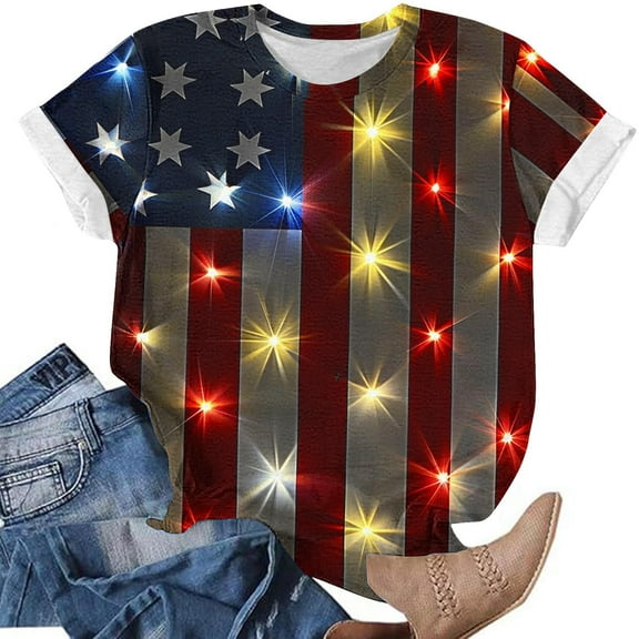 Cavosen Red White and Blue Clothes for Women Petite 4th of July Short Sleeve Crew Neck Tops USA Flag Print T Shirts Lady XL Red White and Blue Casual Tops Patriotic Tunic Tees Patriotic Clothes