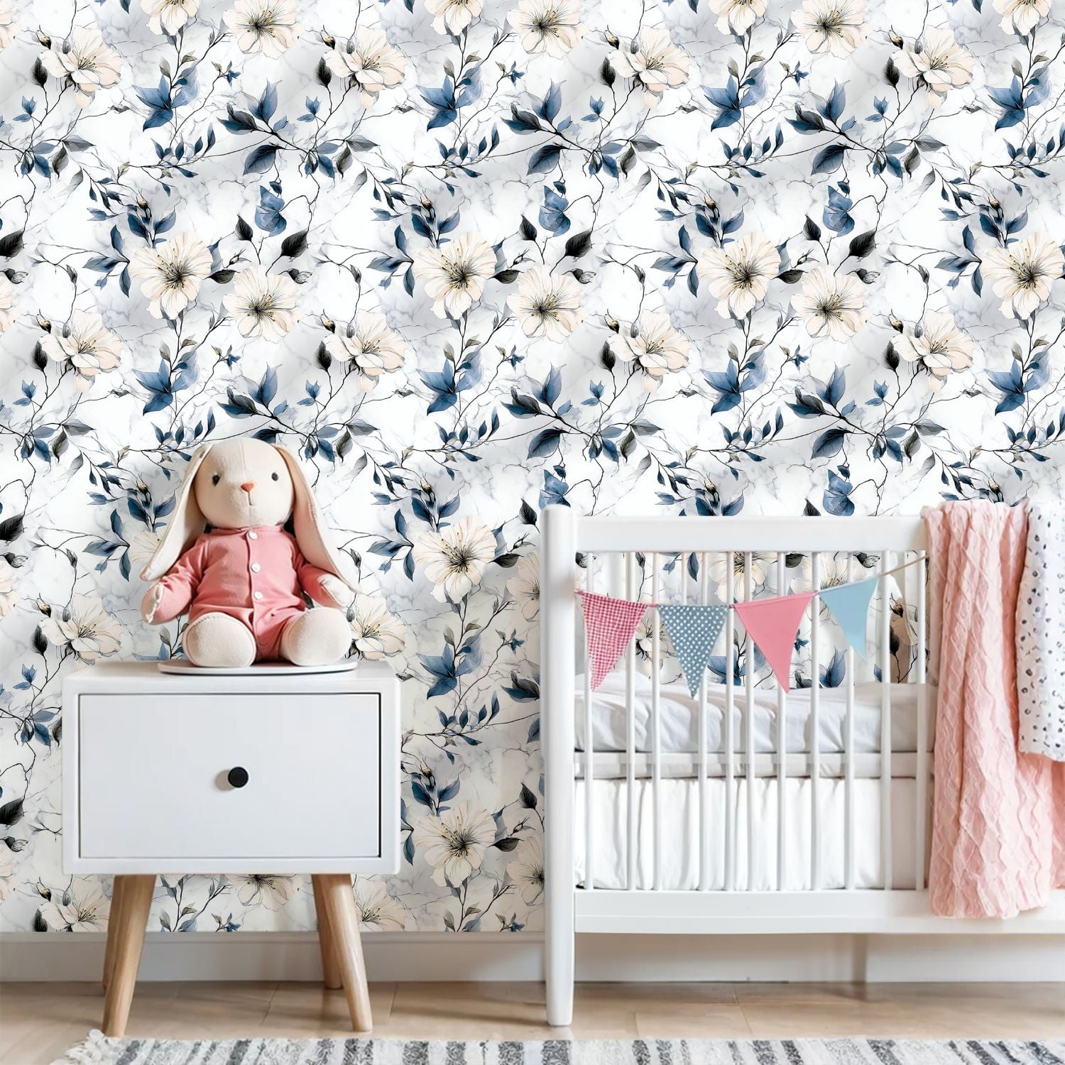 Peel and Stick Wallpaper 23.6in x 9.8ft Elegant Floral Blue Leaves White Flowers Marble Contact Paper Vinyl Self-Adhesive Removable Wall Paper for Bedroom Kitchen Cabinet Décor Renter Friendly