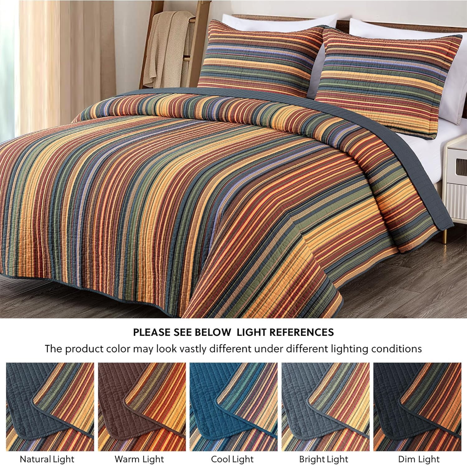Chezmoi Collection Avery Striped Cotton Quilt Set Oversized King Size, 3-Piece Soft Pre-Washed 100% Cotton Quilt, Multi-Color