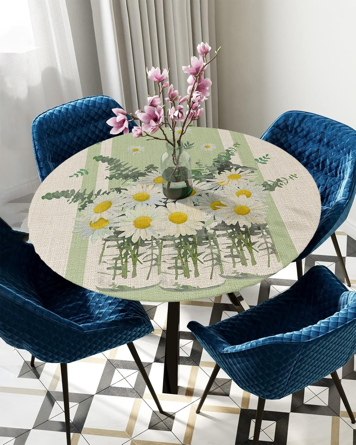 Spring Daisies Flower Watercolor Round Tablecloth Fitted Table Cover,Farmhouse Green White Summer Elastic Tablecloths Waterproof Outdoor Indoor Stretch Cloth Tablecover for Dinner,Party,Shower,45-52IN