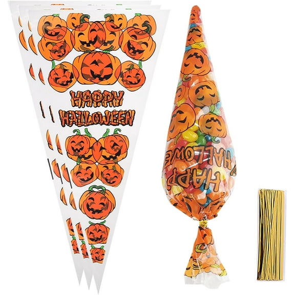 HEIKAFEI 100Pcs Halloween Cellophane Treat Bags Clear Triangle Pumpkin Goodie Bags Plastic Cone Cookie Gift Candy Bags with Twist Ties for Halloween Party Supplies