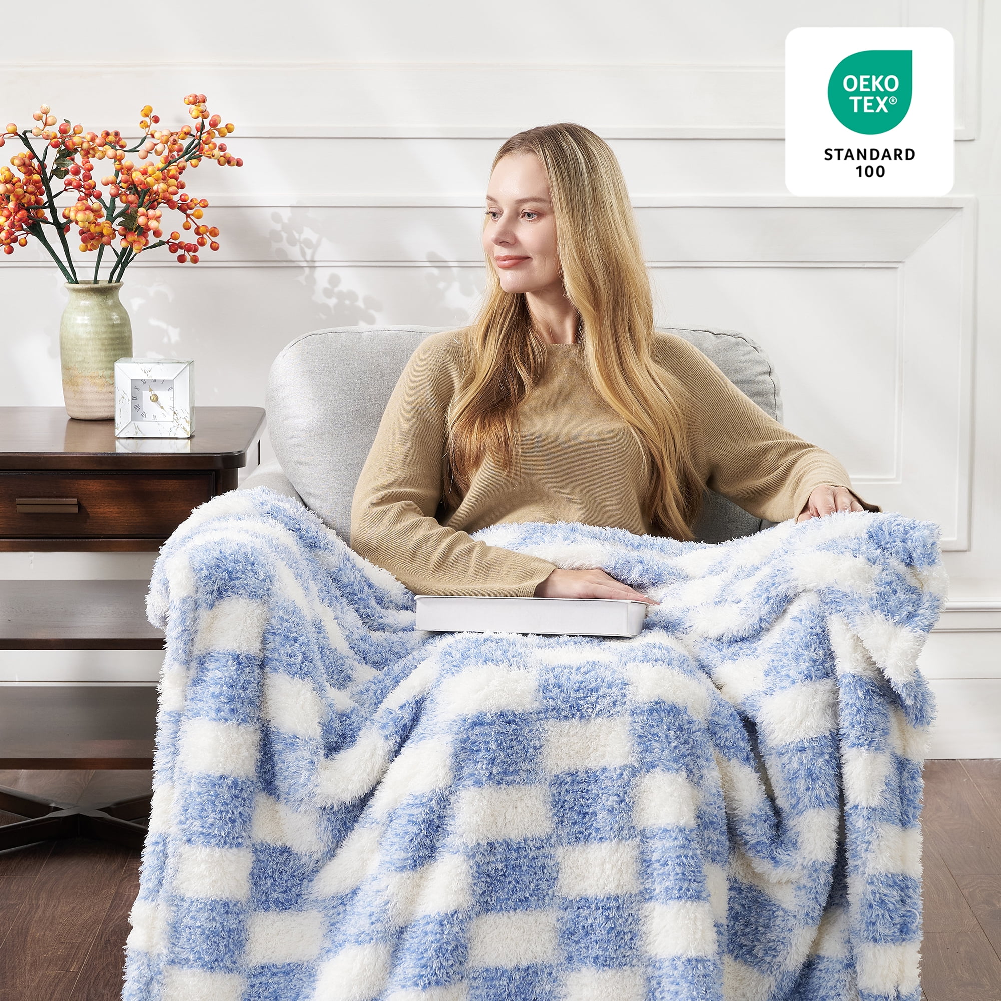 CBCHome Checkered Chenille Furry Throw Blanket – Soft Plush Cozy Dorm Room Essential, for Sofa and Bed, Graduation Gift for Her and Teens (Ashleigh Blue, 50"x60")