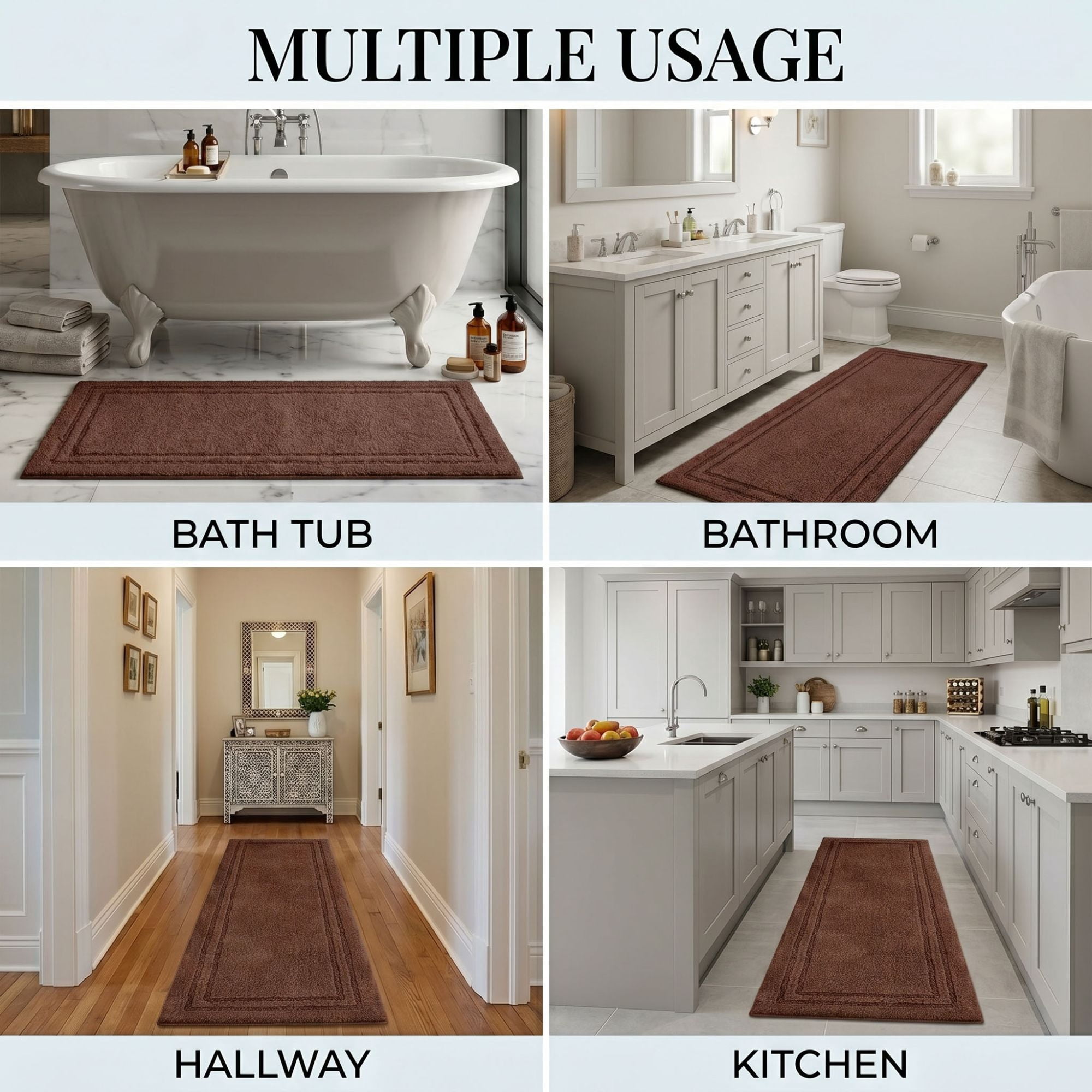 Superior Solid Bordered Cotton Washable Non-Slip Bath Rug, Runner Size, Chocolate