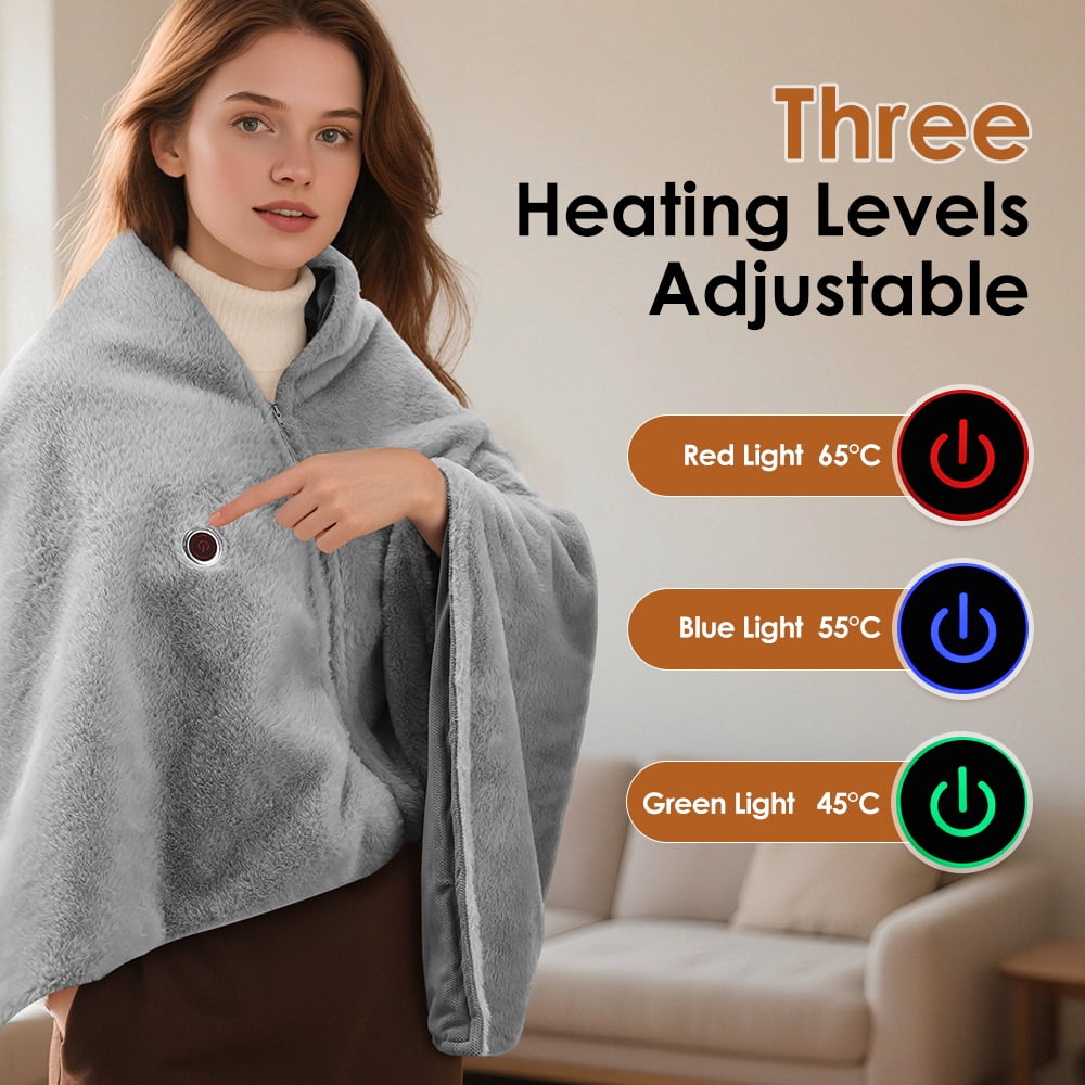 Heated Blanket Shawl, Cordless Wearable Heated Blanket, USB Heating Throw Shawls Portable Electric Blanket with 3 Heating Levels Large 58" x 33" for Home Outdoor(Power Bank is Not Included)