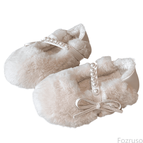 Fozruso Girls Winter Sneakers With Pearl Bow Soft Sole Outdoor Casual Shoes For Toddlers And Kids Warm Lined Non Rubber Sole Footwear For Girls Daily Wear,Sizes 6.5(1-1.5 Years)