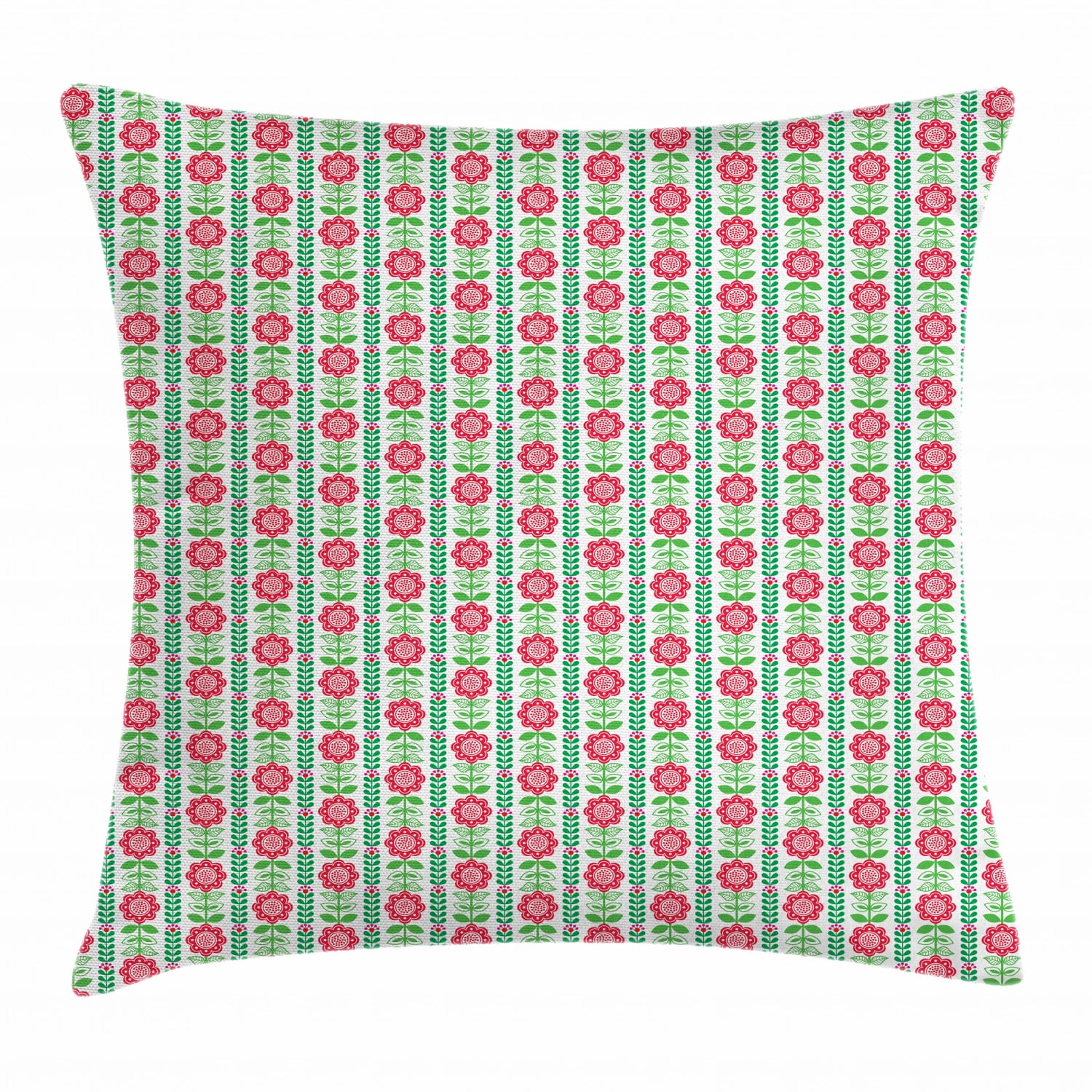 Flower Throw Pillow Cushion Cover, Nordic Style Flourishing Flowers and Leaves Folk Art