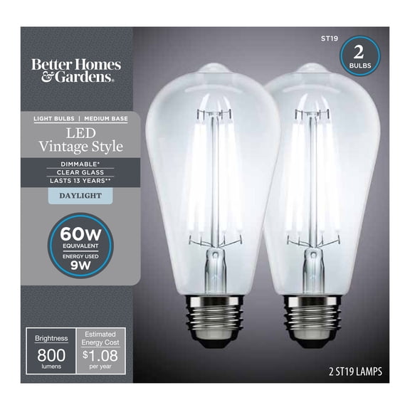 Better Homes & Gardens LED Vintage Style Light Bulb, ST19 40 Watts Daylight Classic Filament, Medium Base, Dimmable - 4 Pk