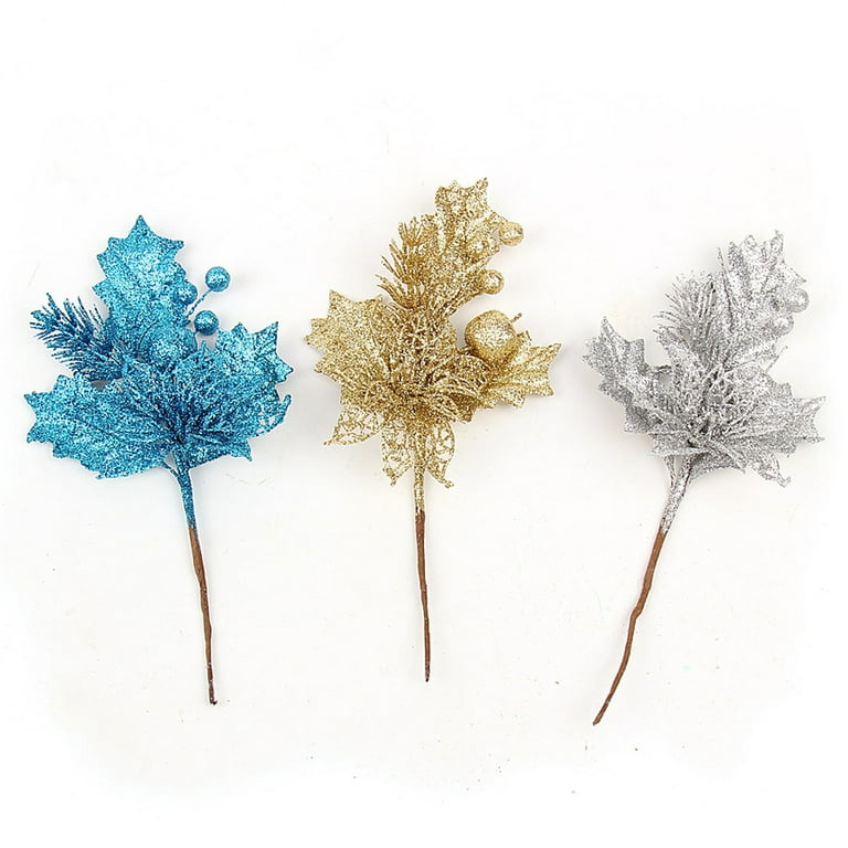 10pcs Christmas Picks and Sprays Artificial Xmas Tree Sprays Bay Glitter  Leaves Decor Plastic Christmas Leaves Decoration Wired Twig Stem Fake Bunch  for DIY Garland Wreath Ornament 