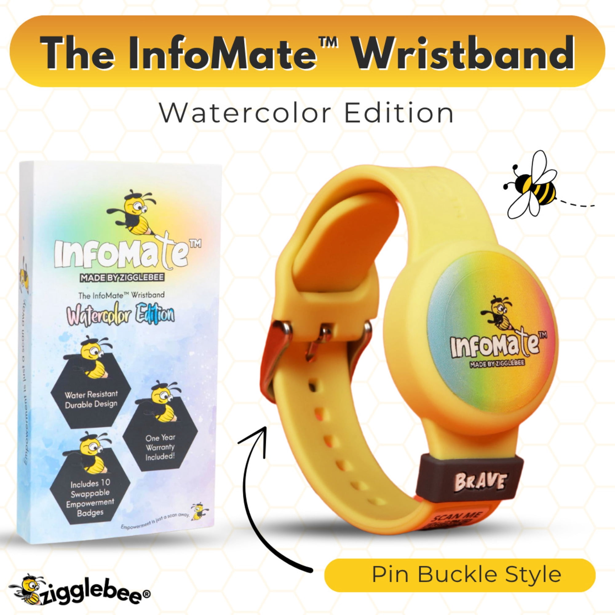 InfoMate by Zigglebee QR Code Medical Bracelet and AirTag Holder Wristband, Canary Yellow, Pin Buckle