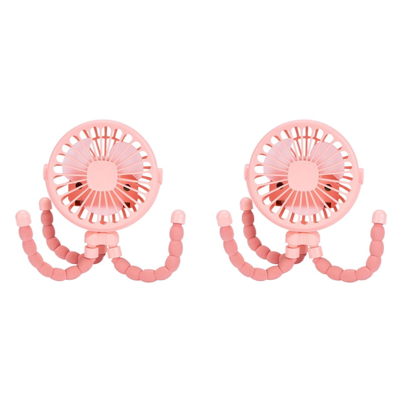 2X Pink Portable USB Rechargeable Silent Mini Fan 3 Speed Adjustable with Lighting Function for Car Seat Stroller