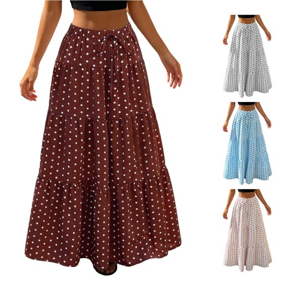 uvwlwu Women's Polka Dot Maxi Skirt Elastic High Waist Tiered Ruffle Flowy A Line Lightweight Versatile Four Season Casual Vacation Everyday Bottom,M