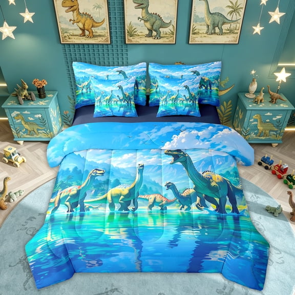 Feelyou Lake Watercolor Long Neck Dinosaurs Twin Bedding Sets for Boys Girls, Prehistoric Wildlife Bedding Comforter Set, Blue, Blue Reversible, 7-Piece