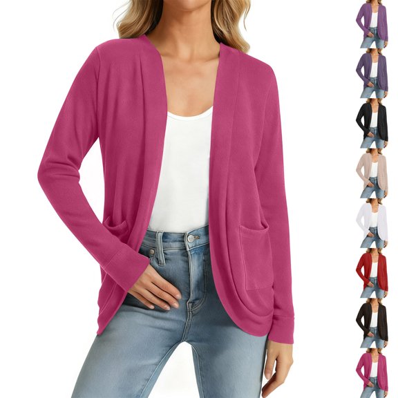 Rciityk Women's Open Front Long Sleeve Pocket Knit Cardigan, Lightweight, Size S-2XL