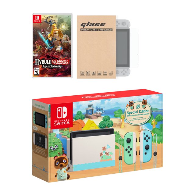 2020 New Nintendo Switch Animal Crossing: New Horizons Edition Bundle with Hyrule Warriors: Age of Calamity Game Disc and Mytrix Tempered Glass Screen Protector - 2020 New Limited Console & New Game!
