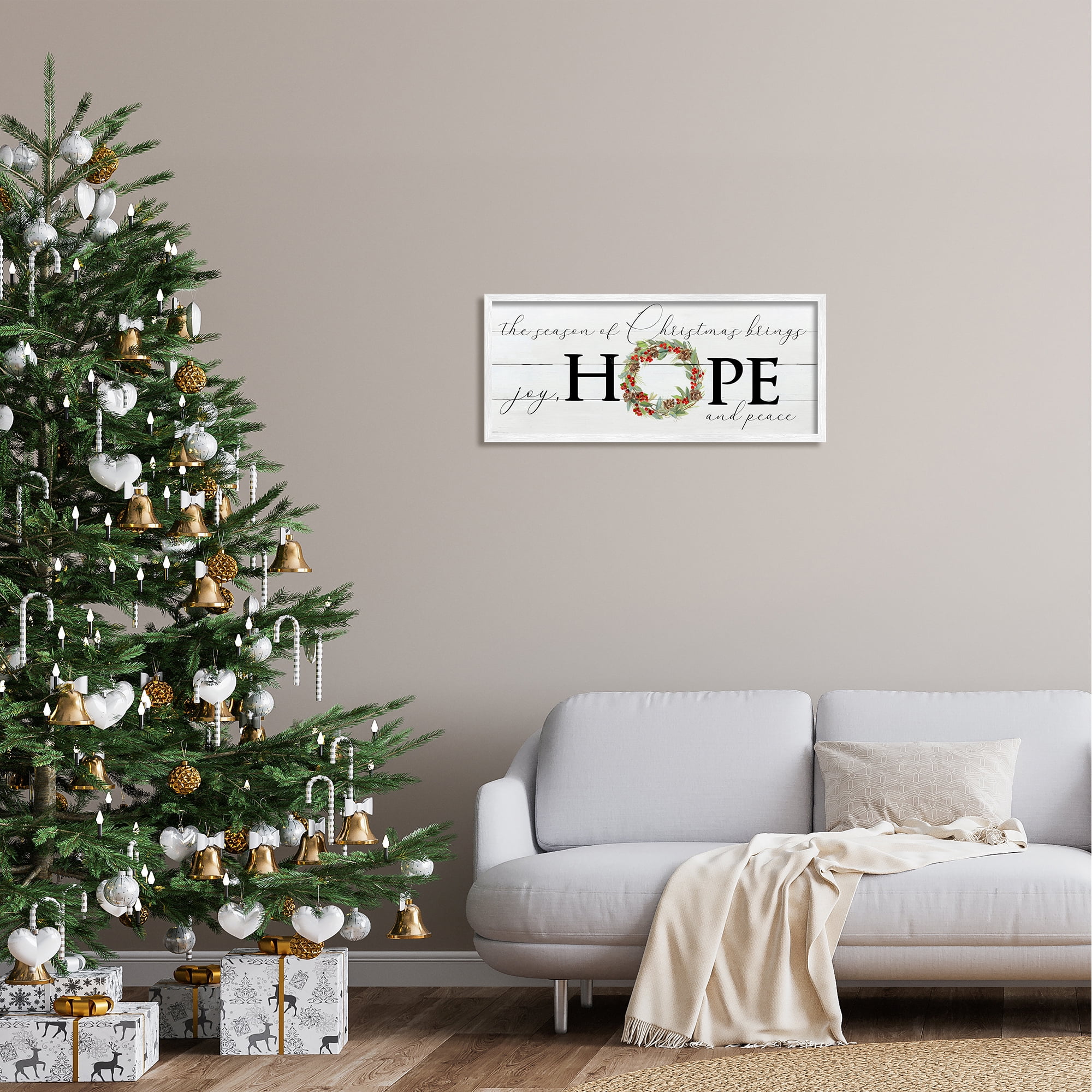 Stupell Industries Joy Hope & Peace Christmas Wreath Holiday Painting White Framed Art Print Wall Art