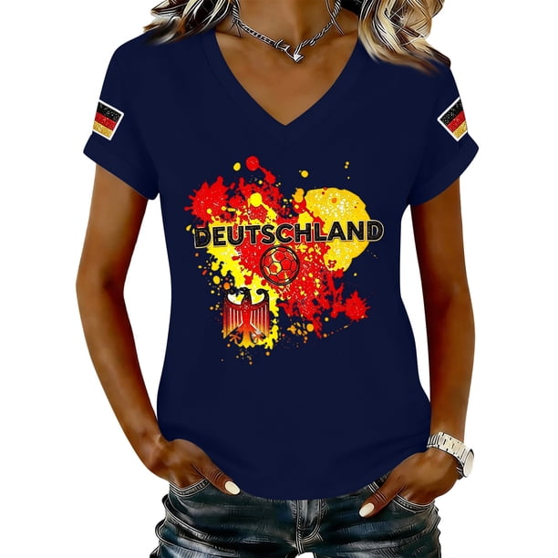 Women's Germany Football Graphic T-Shirt, V-Neck Casual Letter Print T-Shirt, Fashion Short Sleeve Graphic Tee, Summer Daily Lightweight Tops for Soccer Tournament 2026 Navy Size: 2XL