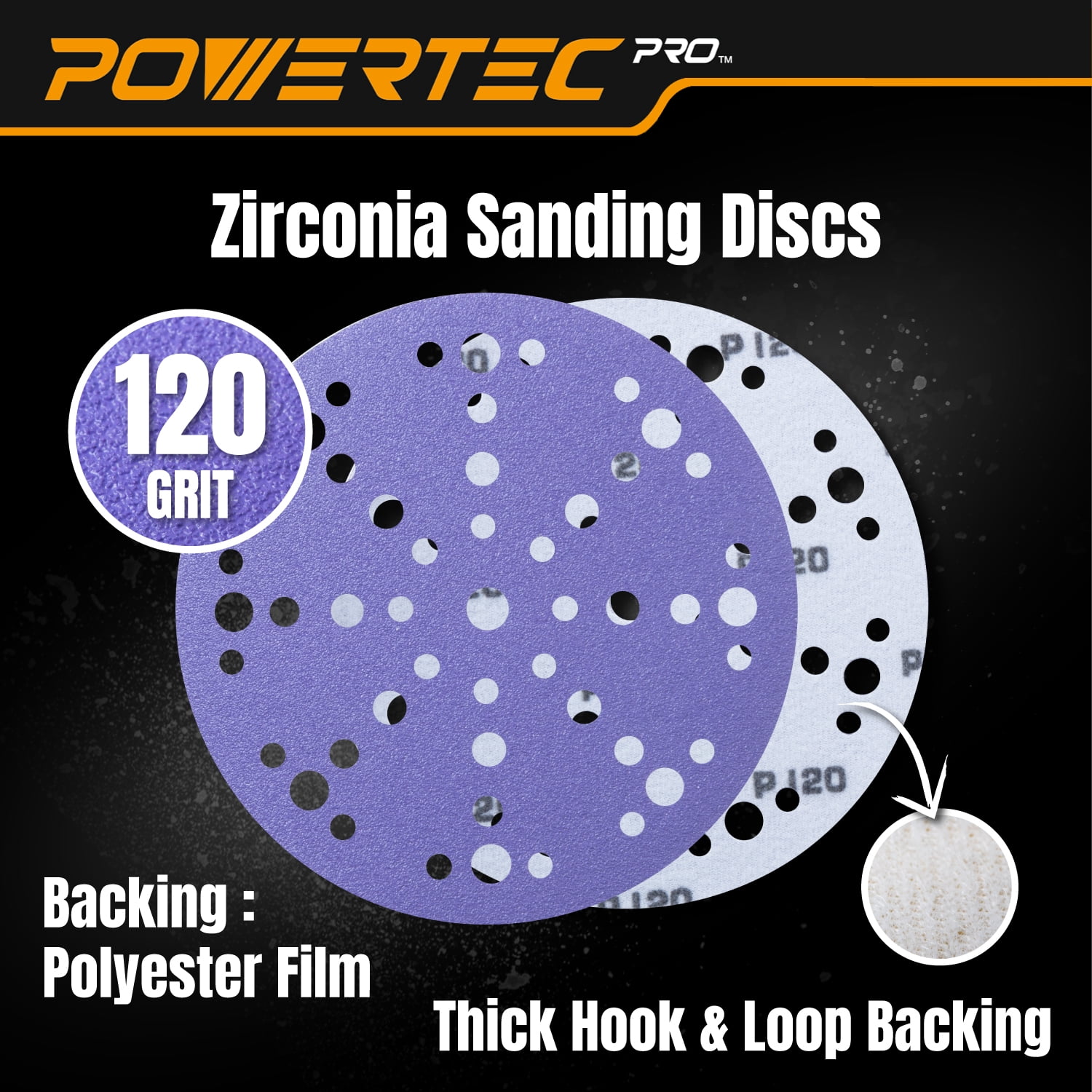 POWERTEC 50PK PRO 6 Inch 49 Holes Sanding Disc, 120 Grit, Zirconia Hook and Loop Film Backing Sandpaper for Festool Random Orbital Sanders - Automotive, Paint, Metal, Woodworking, 46112Z-50