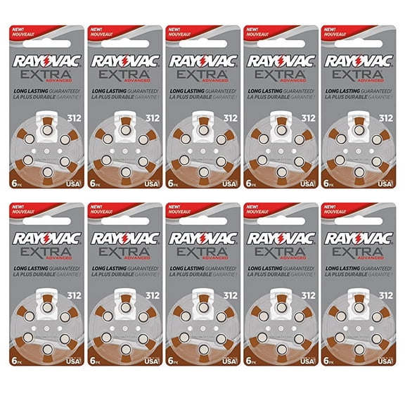 Rayovac Extra Size 312, 60 Hearing Aid Batteries, Made in the USA w/ Battery Holder